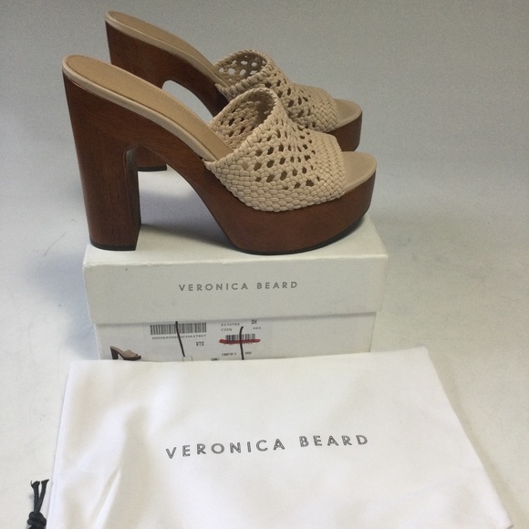 Veronica Beard Guadalupe Woven Leather Wooden-Heel Mules in Shell Women’s Size 8 - Picture 11 of 11